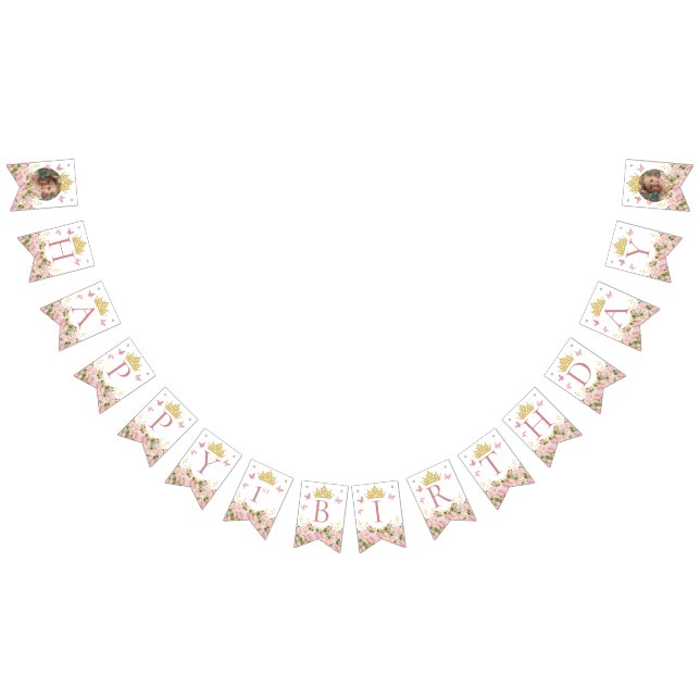 Crown Butterflies Pink Floral Photo Happy Birthday Bunting (All)