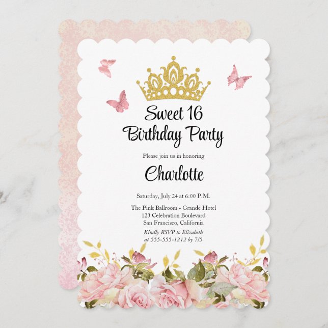 Crown | Butterflies Pink Floral Sweet 16 Birthday Invitation (Front/Back)