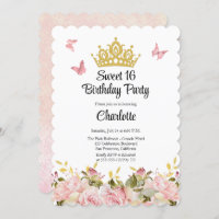 Crown | Butterflies Pink Floral Sweet 16 Birthday
