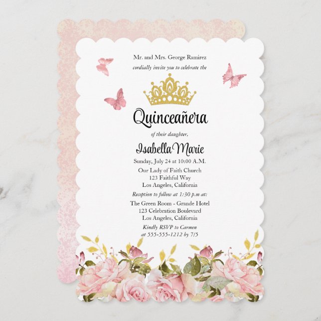 Crown | Butterflies Pink Rose Floral Quinceañera  Invitation (Front/Back)