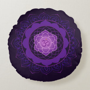 Crown Chakra Mandala -Sahasrara With Om Purple Round Cushion