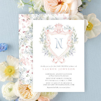 Crown Crest Monogram Pink Blue Baby Shower Invitation