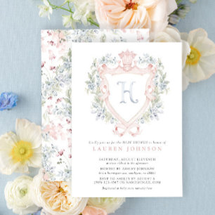 Crown Crest Monogram Pink Blue Baby Shower Invitation