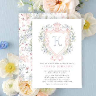 Crown Crest Monogram Pink Blue Baby Shower Invitation