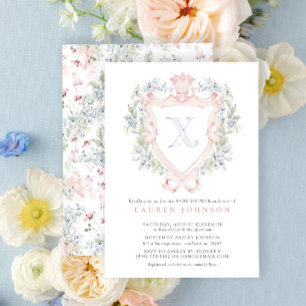 Crown Crest Monogram Pink Blue Baby Shower Invitation