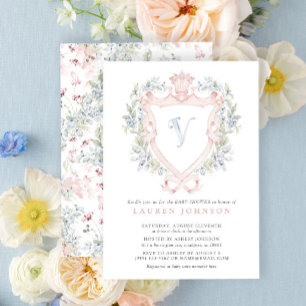 Crown Crest Monogram Pink Blue Baby Shower Invitation