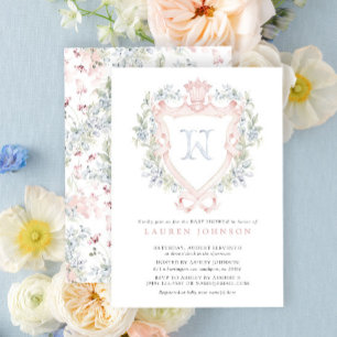 Crown Crest Monogram Pink Blue Baby Shower Invitation