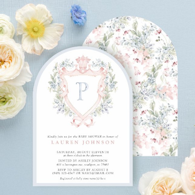 Crown Crest Monogram Pink Blue Baby Shower Invitation (Creator Uploaded)