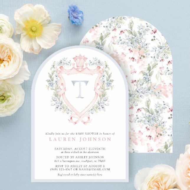 Crown Crest Monogram Pink Blue Baby Shower Invitation (Creator Uploaded)