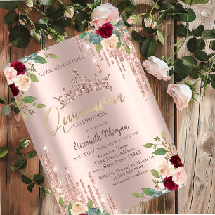 Crown Drop,Burgundy Roses Rose Gold Quinceañera Invitation