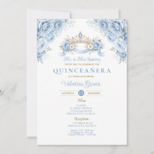 Crown Dusty Blue Crown Gold Quinceañera Floral Invitation