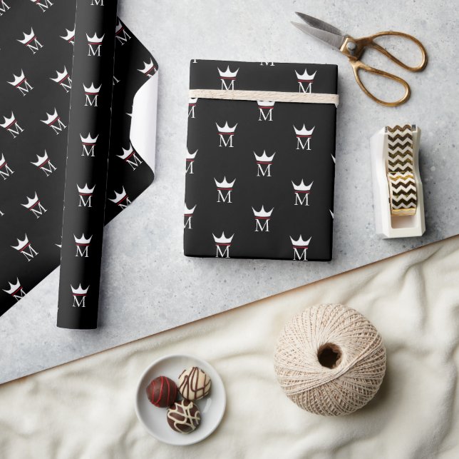 Crown Elegant Monogram Black White Red Pattern  Wrapping Paper (Crafts)