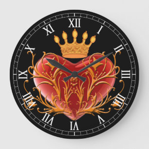 Crown Filigree Heart Round Roman Numerals Clock