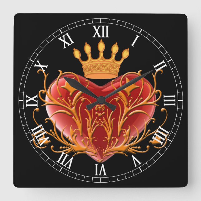 Crown Filigree Heart Square Roman Numerals Clock (Front)