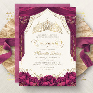 Crown Floral Burgundy Modern Quinceanera Invitation