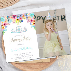 Crown Floral Princess Birthday Invitations w photo