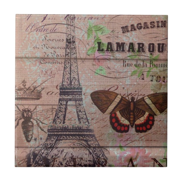 crown french bee butterfly Paris Eiffel Tower Ceramic Tile (Front)