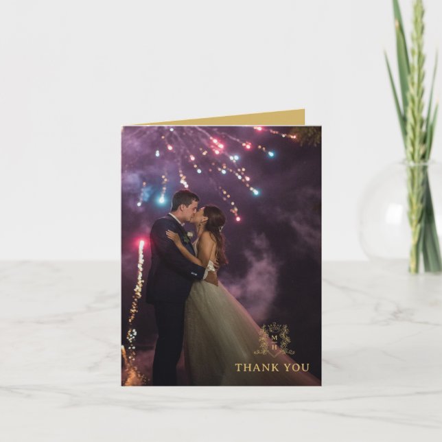 Crown heart monogram gold white wedding photo thank you card (Front)