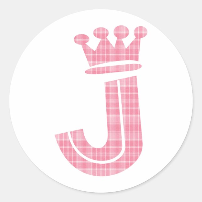 CROWN INITIAL PINK J CLASSIC ROUND STICKER (Front)