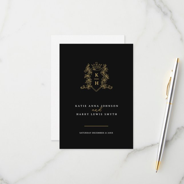 Crown leaves monogram wedding black gold RSVP card (Front/Back In Situ)
