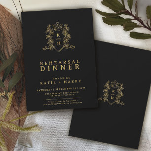 Crown monogram gold black wedding rehearsal invitation