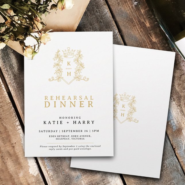 Crown monogram gold white wedding rehearsal invitation (Creator Uploaded)