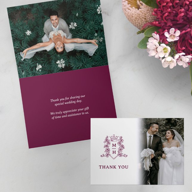 Crown monogram wine red white wedding photos thank you card (Creator Uploaded)