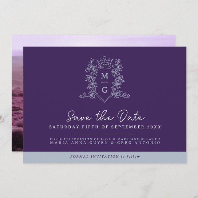 Crown photo wedding save the date purple grey (Front/Back)