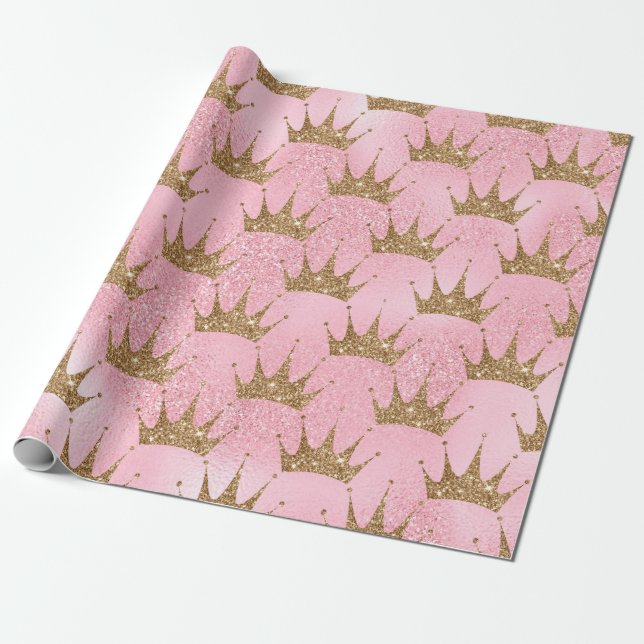 Crown Pink and Gold Glitter Effect  Wrapping Paper (Unrolled)