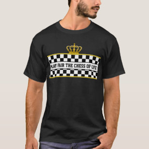 Crown & Play Text on Black and White Chess Pattern T-Shirt