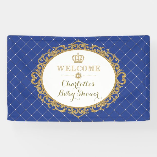 Crown Prince Royal Blue Gold Baby Shower Welcome Banner (Horizontal)