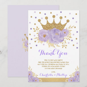 Crown Princess Baby Shower Purple Gold Floral Thank You Card