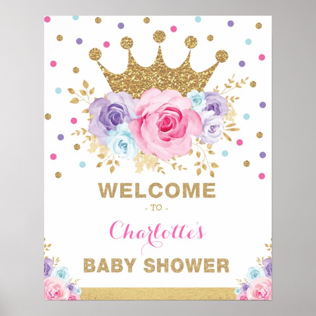 Crown Princess Blush Floral Baby Shower Welcome Po Poster (Front)