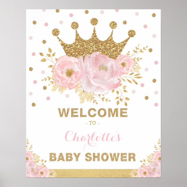 Crown Princess Blush Floral Baby Shower Welcome Poster (Front)