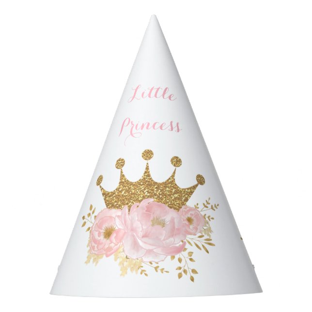 Crown Princess Blush Gold Floral Birthday Girl Party Hat (Front)