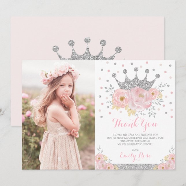 Crown Princess Blush Pink Silver Birthday Photo Thank You Card (Front/Back)