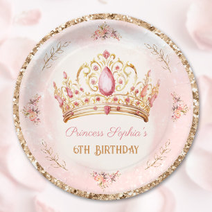 Crown Princess Pink Floral Glitter Gold Birthday Paper Plate