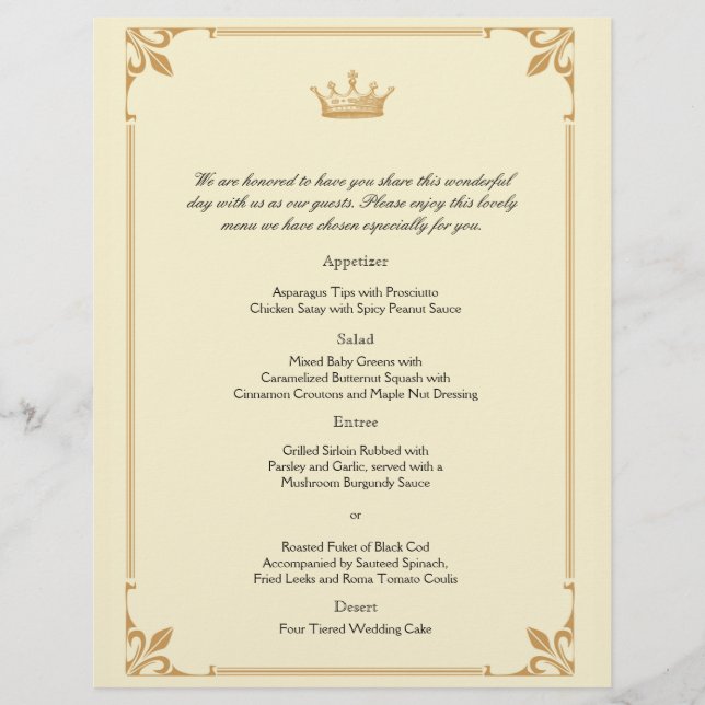 Crown Regency in Gold and Ivory Wedding Menu (Front)