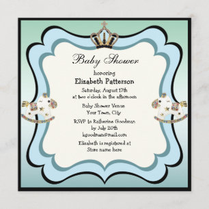 Crown & Rocking Horses Blue Baby Shower Invitation