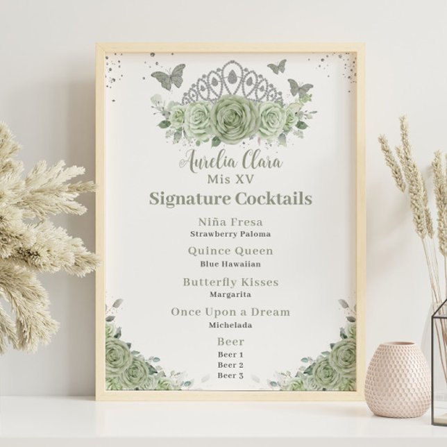 Crown Sage Green Floral Quinceanera Bar Drink Menu Poster (Creator Uploaded)