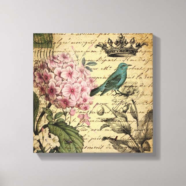 crown script hydrangea bird french botanical canvas print (Front)
