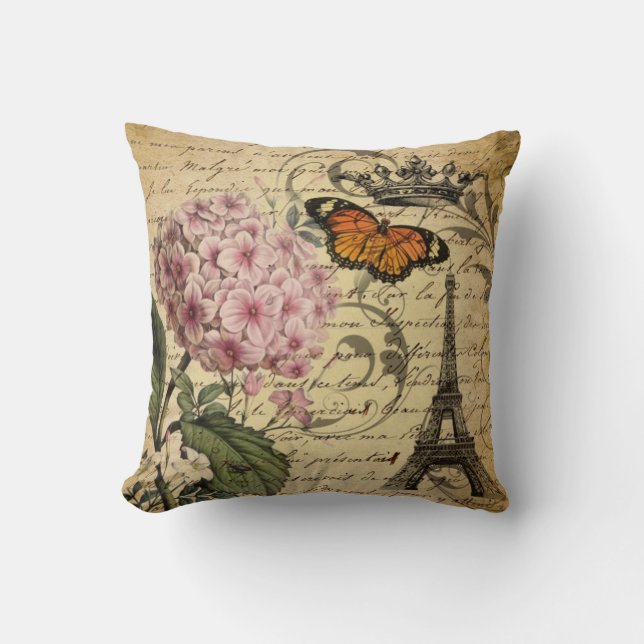 crown script hydrangea bird french botanical cushion (Front)