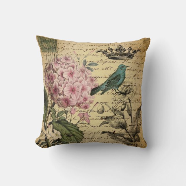 crown script hydrangea bird french botanical cushion (Front)