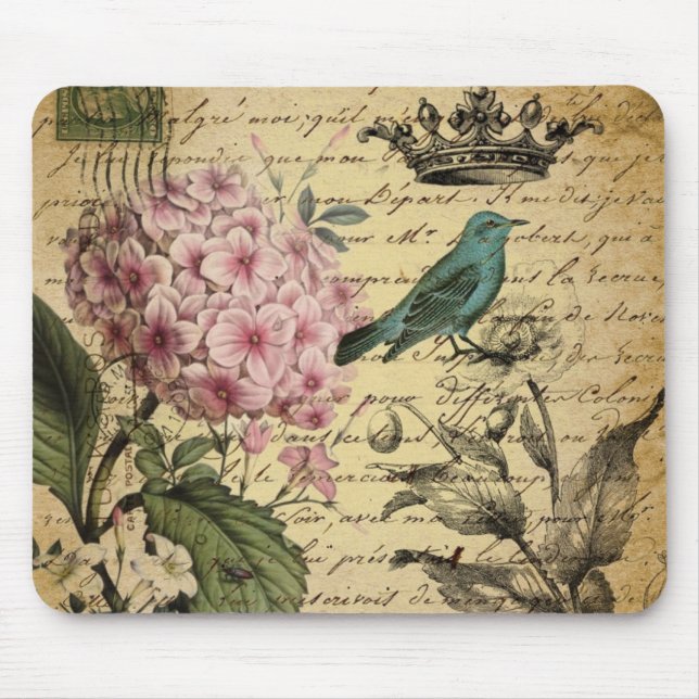 crown script hydrangea bird french botanical mouse pad (Front)