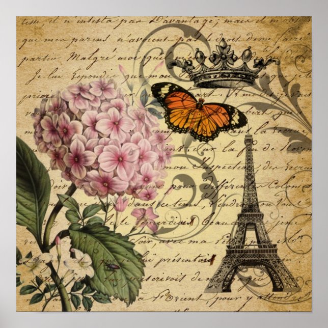 crown script hydrangea bird french botanical poster (Front)