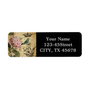 crown script hydrangea bird french botanical return address label