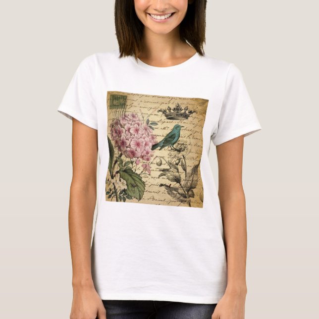 crown script hydrangea bird french botanical T-Shirt (Front)