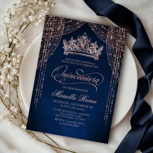 Crown Tiara Navy Rose Gold Quinceañera Invitation (Creator Uploaded)