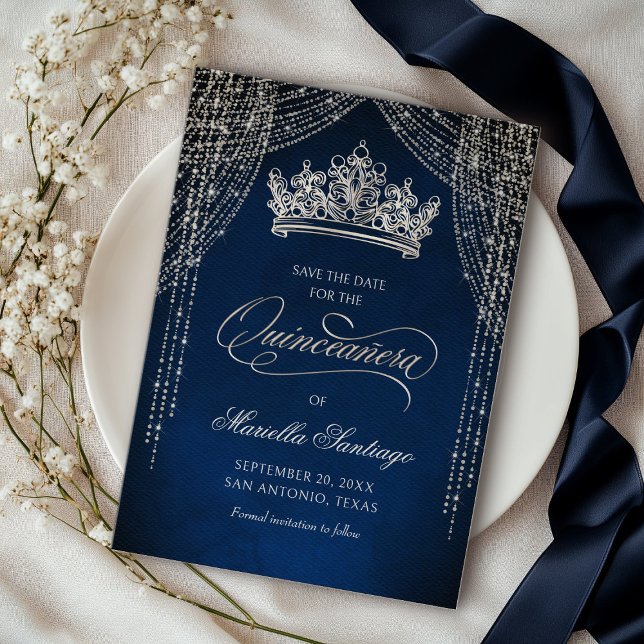 Crown Tiara Navy Silver Quinceañera Save the Date (Creator Uploaded)