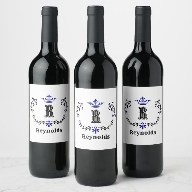 Crown Wreath Monogram 'R' Personalised Wine Label (Bottles)